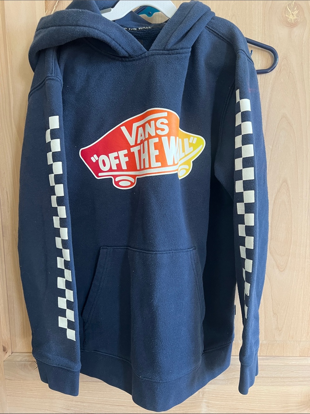 Vans Blue Hoodie with Red-Orange-Yellow Gradient 'Off The Wall' Logo